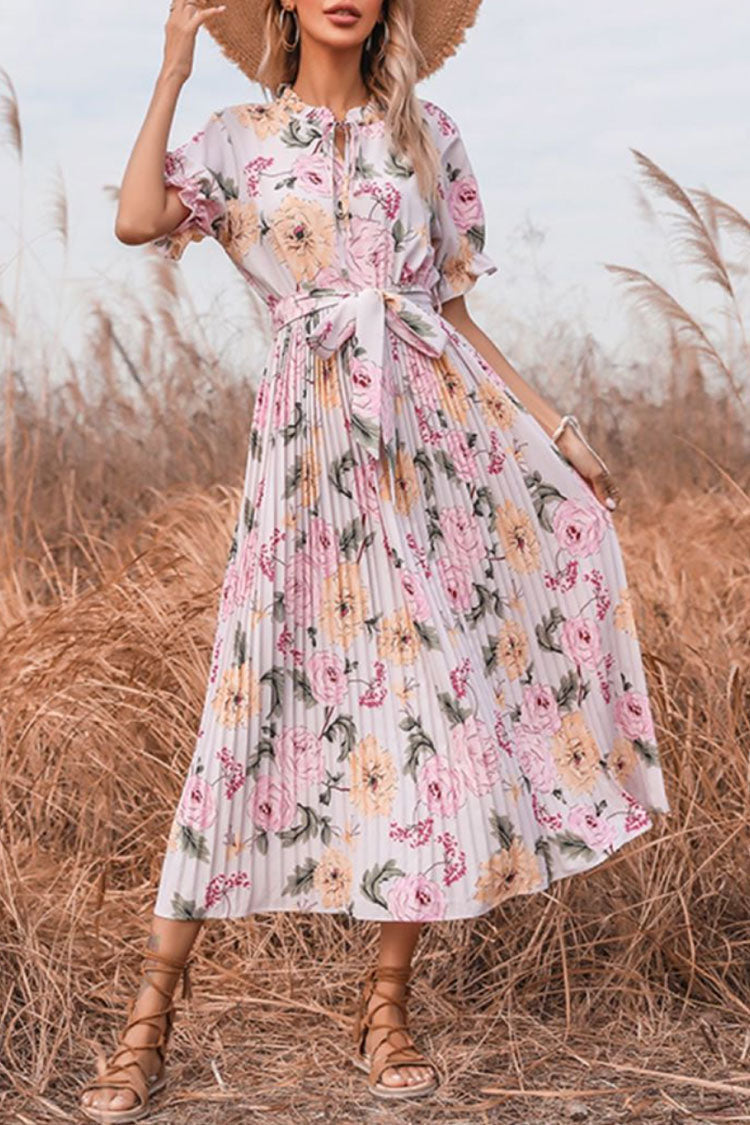 Floral Print Tie Neck Puff Sleeve Accordion Pleat Belted Midi Dress