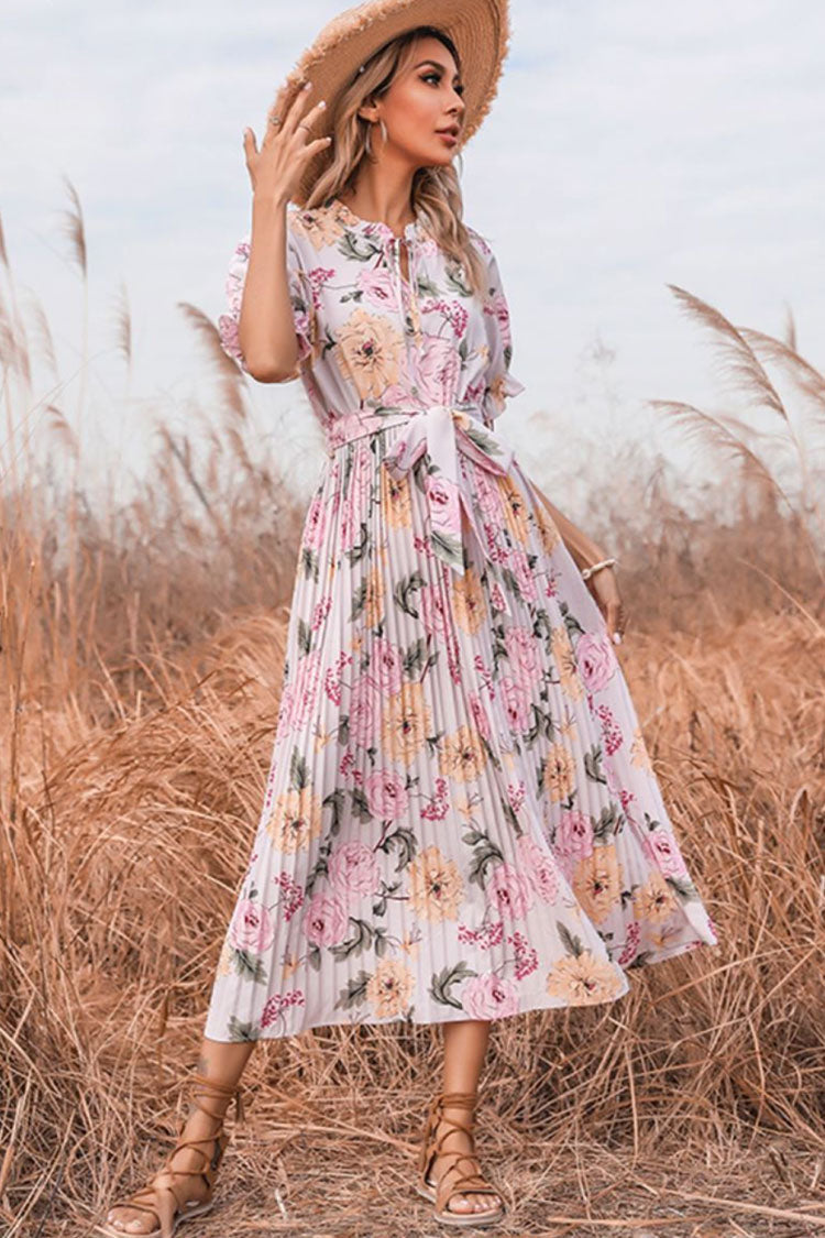 Floral Print Tie Neck Puff Sleeve Accordion Pleat Belted Midi Dress