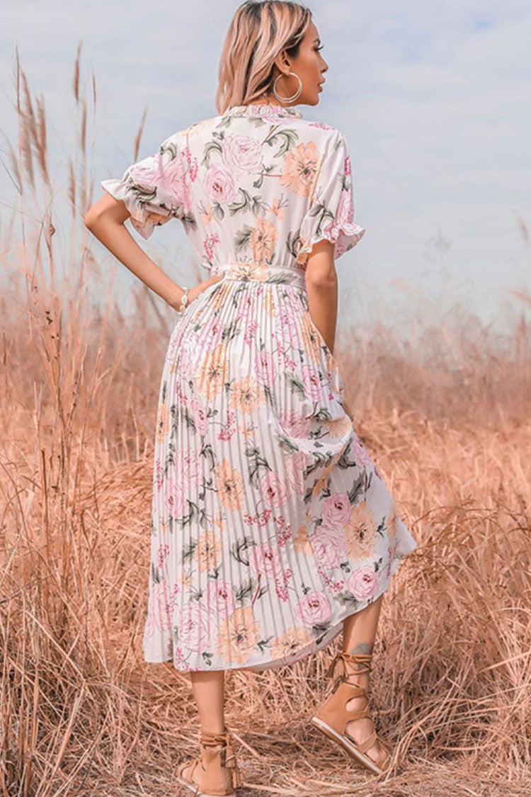 Floral Print Tie Neck Puff Sleeve Accordion Pleat Belted Midi Dress