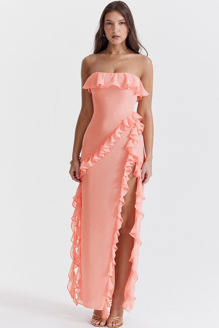 Strapless Ruffle Neck Cascading Asymmetrical Ruffle High Slit Maxi Dress