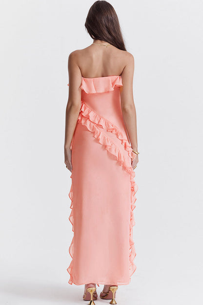 Strapless Ruffle Neck Cascading Asymmetrical Ruffle High Slit Maxi Dress