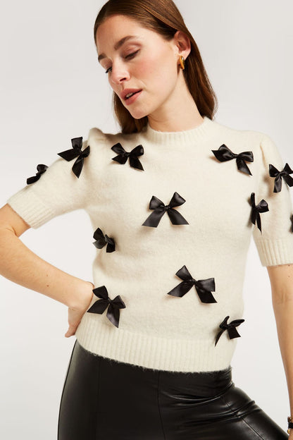 Bow Embellished Short Sleeve Sweater