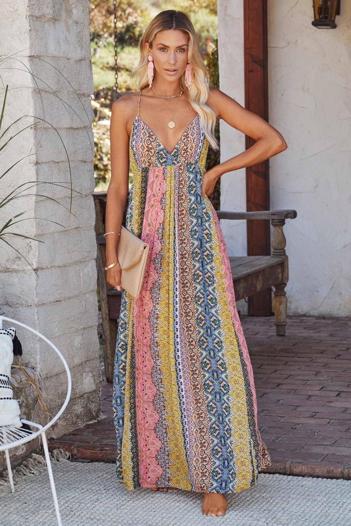 Paisley Patchwork Print Deep V-Neck Backless Maxi Dress