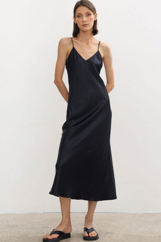 Satin Deep V Neck Spaghetti Strap Bias Cut Slip Midi Dress