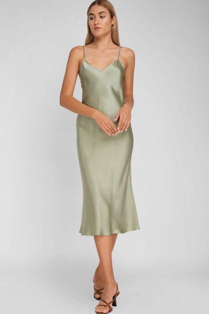 Satin V-Neck Spaghetti Strap Bias Cut Slip Midi Dress