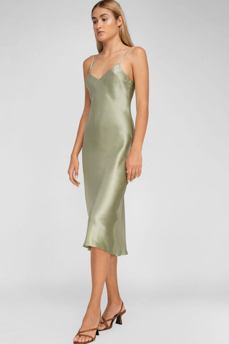 Satin V-Neck Spaghetti Strap Bias Cut Slip Midi Dress