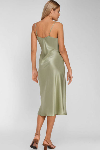 Satin V-Neck Spaghetti Strap Bias Cut Slip Midi Dress