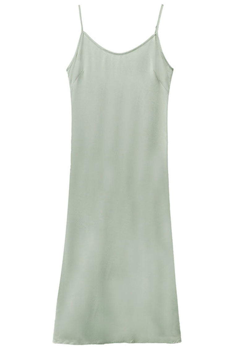 Satin V-Neck Spaghetti Strap Bias Cut Slip Midi Dress