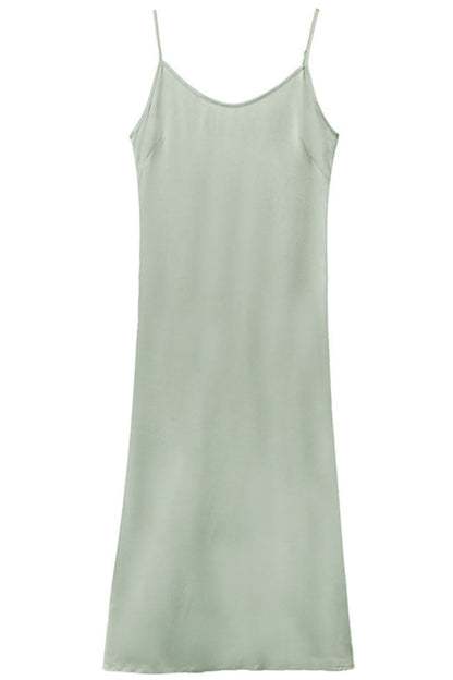Satin V-Neck Spaghetti Strap Bias Cut Slip Midi Dress