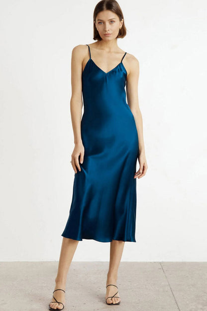 Satin V-Neck Spaghetti Strap Bias Cut Slip Midi Dress