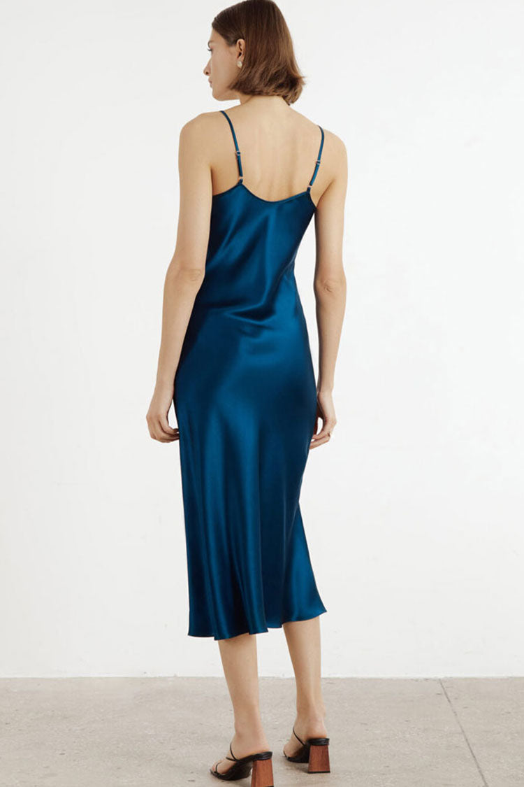Satin V-Neck Spaghetti Strap Bias Cut Slip Midi Dress