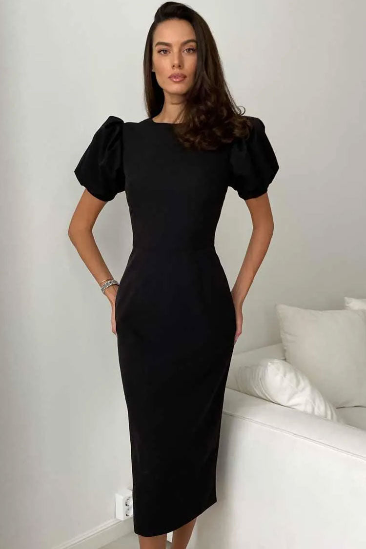 Round Neck Puff Sleeve Bodycon Midi Dress