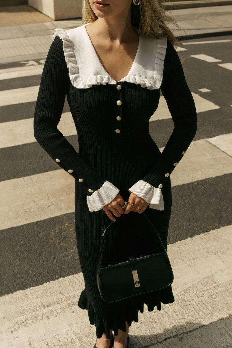 Ribbed Knit Ruffle Peter Pan Collar Half-Button Long Sleeve Midi Dress