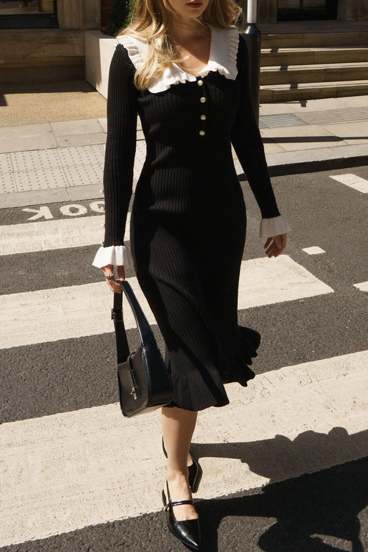 Ribbed Knit Ruffle Peter Pan Collar Half-Button Long Sleeve Midi Dress