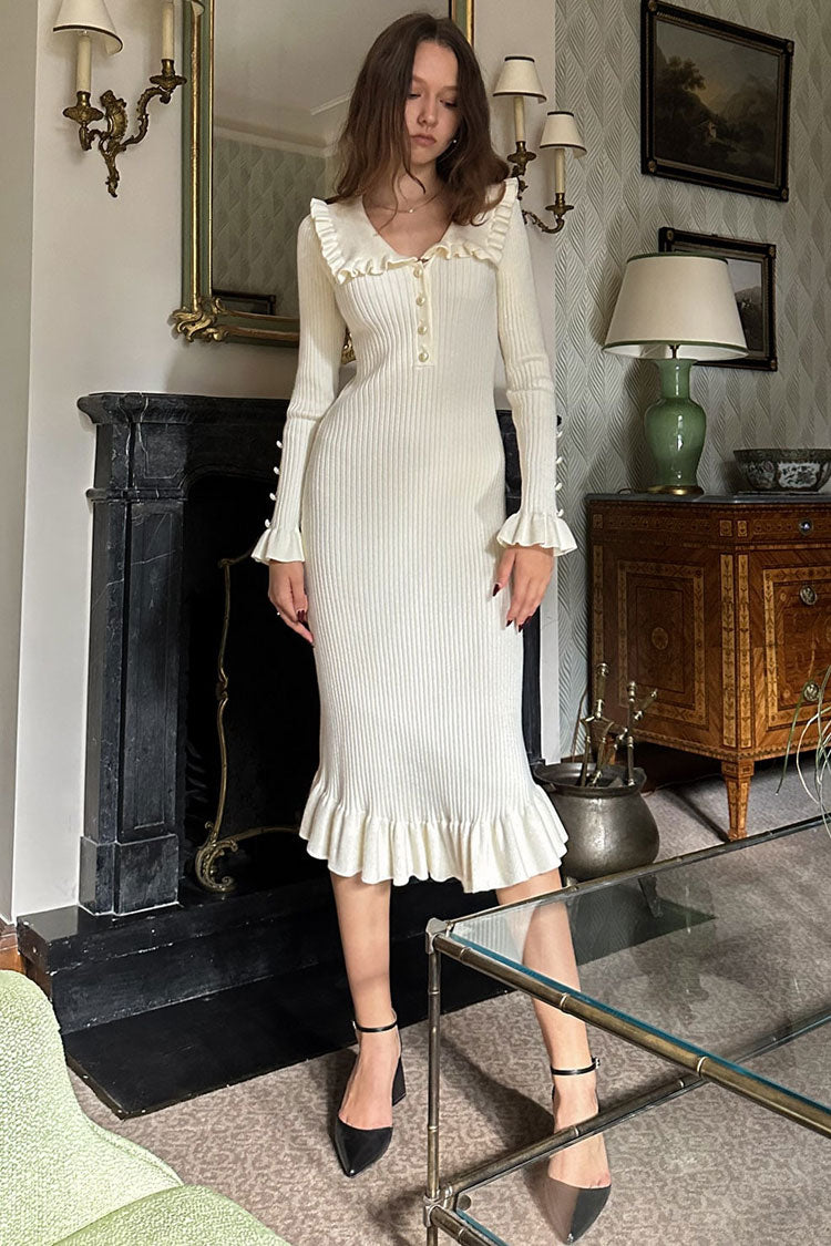 Ribbed Knit Ruffle Peter Pan Collar Half-Button Long Sleeve Midi Dress