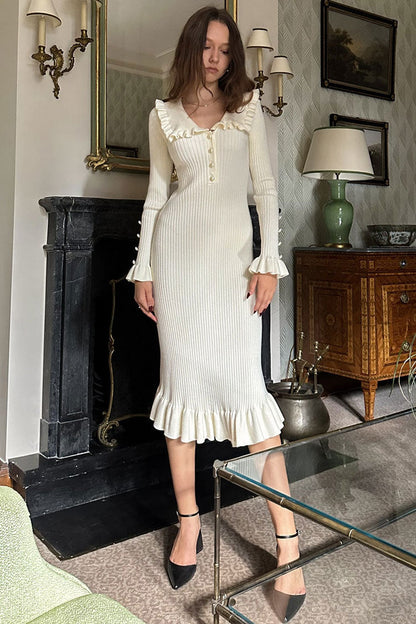 Ribbed Knit Ruffle Peter Pan Collar Half-Button Long Sleeve Midi Dress