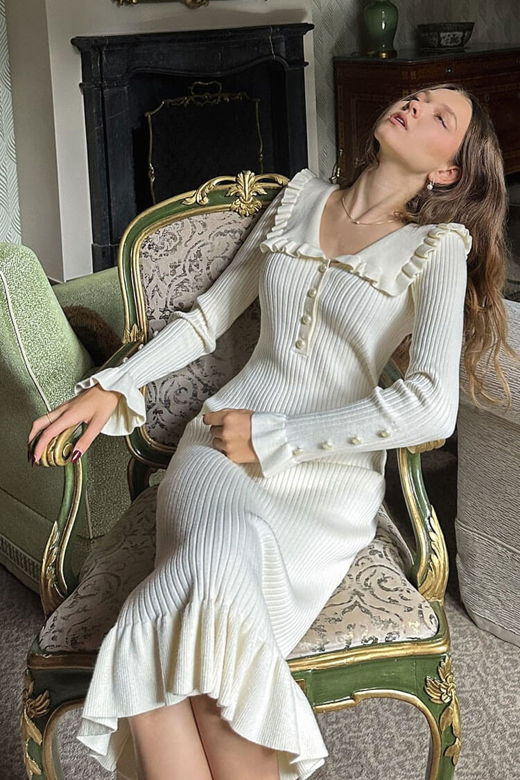 Ribbed Knit Ruffle Peter Pan Collar Half-Button Long Sleeve Midi Dress