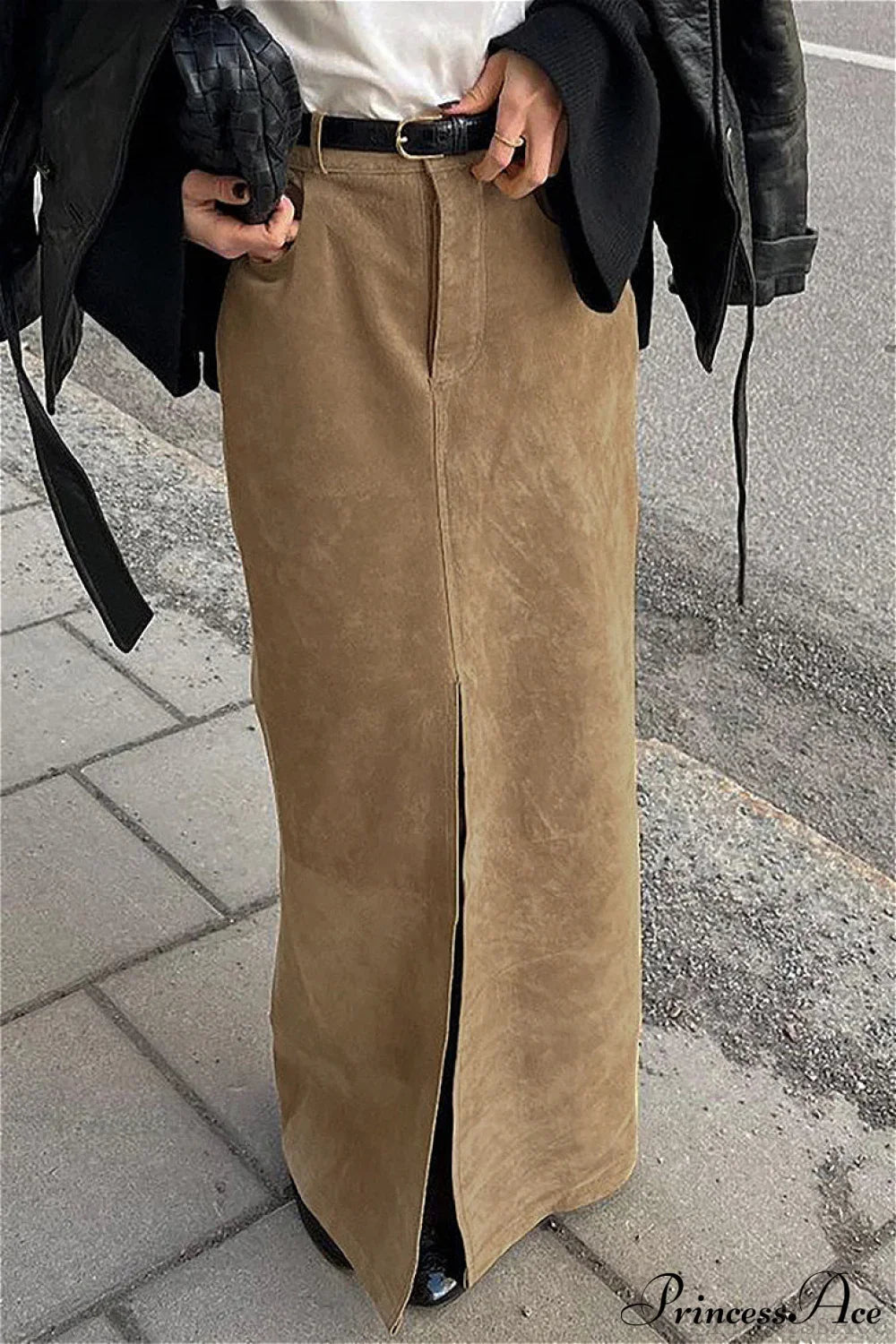 French Retro Suede High Waist Split Maxi Skirt