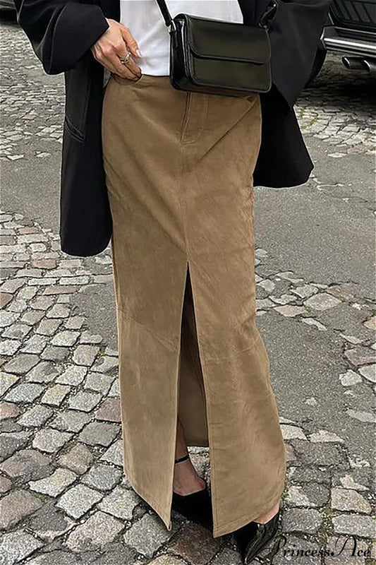 French Retro Suede High Waist Split Maxi Skirt