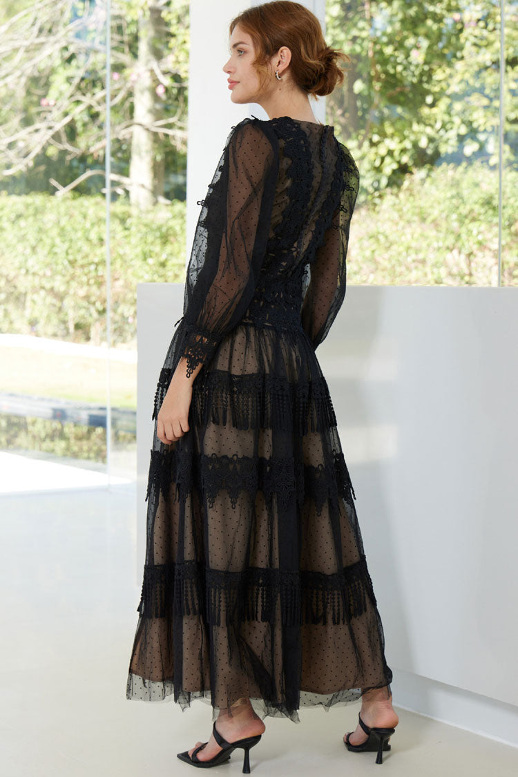 Lace Trim Swiss Dot Puff Sleeve Tiered Fringe Tulle Maxi Dress