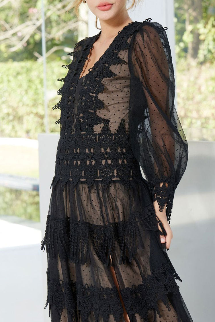 Lace Trim Swiss Dot Puff Sleeve Tiered Fringe Tulle Maxi Dress