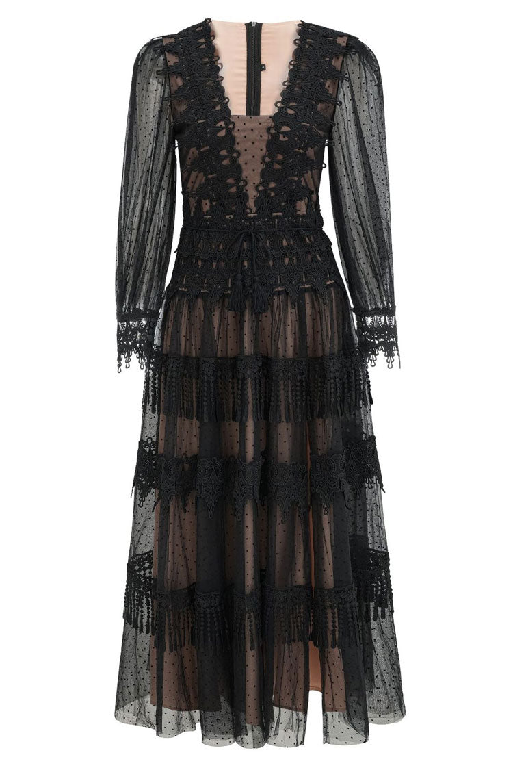 Lace Trim Swiss Dot Puff Sleeve Tiered Fringe Tulle Maxi Dress