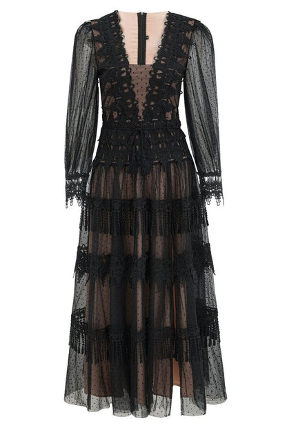 Lace Trim Swiss Dot Puff Sleeve Tiered Fringe Tulle Maxi Dress