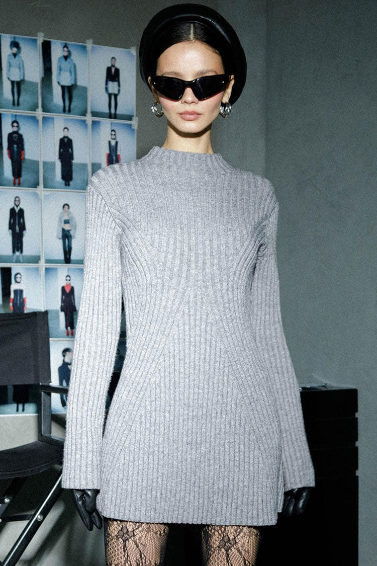 Mock Neck Chevron Rib Long Sleeve Fit and Flare Sweater Mini Dress