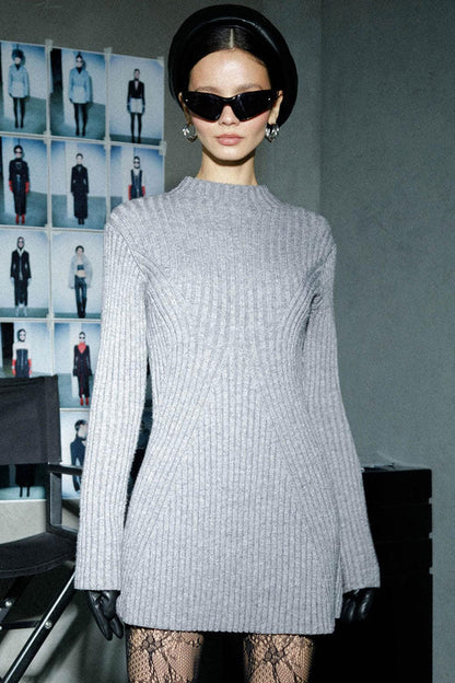 Mock Neck Chevron Rib Long Sleeve Fit and Flare Sweater Mini Dress
