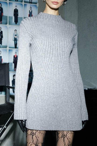 Mock Neck Chevron Rib Long Sleeve Fit and Flare Sweater Mini Dress