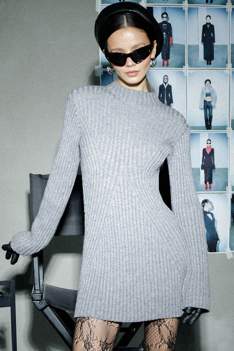 Mock Neck Chevron Rib Long Sleeve Fit and Flare Sweater Mini Dress