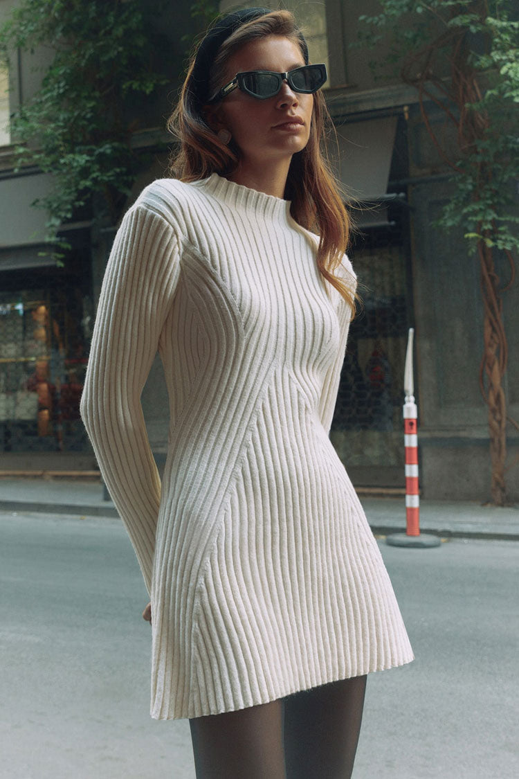 Mock Neck Chevron Rib Long Sleeve Fit and Flare Sweater Mini Dress