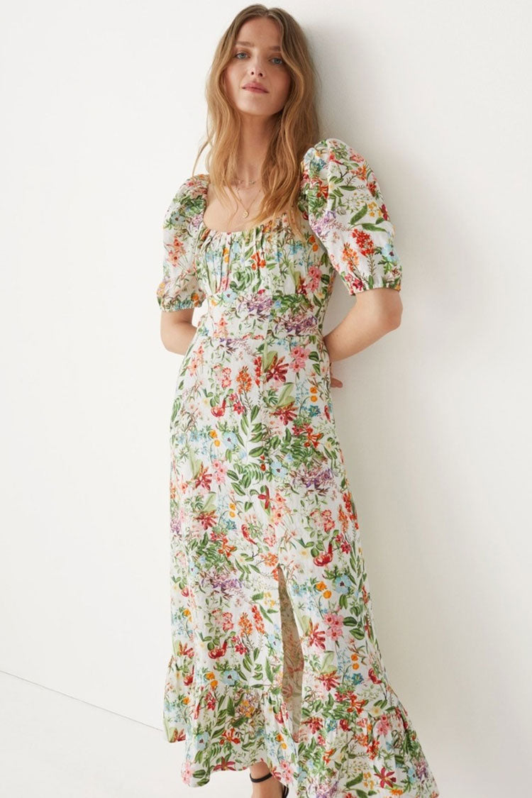 Square Neck Puff Sleeve Smocked Floral Print Front Slit Ruffle Hem Midi Dress