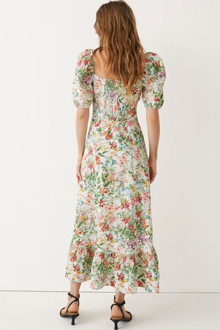 Square Neck Puff Sleeve Smocked Floral Print Front Slit Ruffle Hem Midi Dress