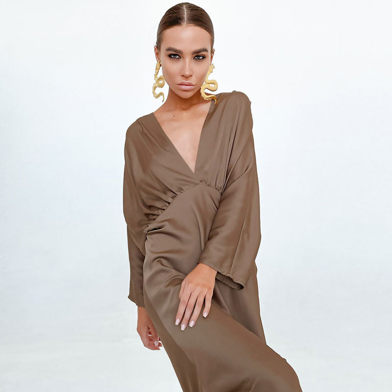 Deep V Ruched Empire Waist Batwing Sleeve Satin Maxi Dress