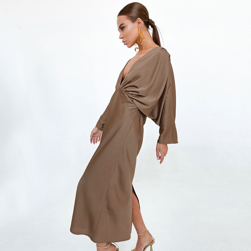 Deep V Ruched Empire Waist Batwing Sleeve Satin Maxi Dress