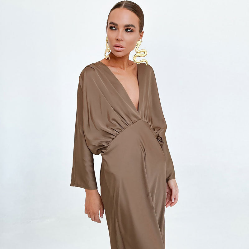 Deep V Ruched Empire Waist Batwing Sleeve Satin Maxi Dress