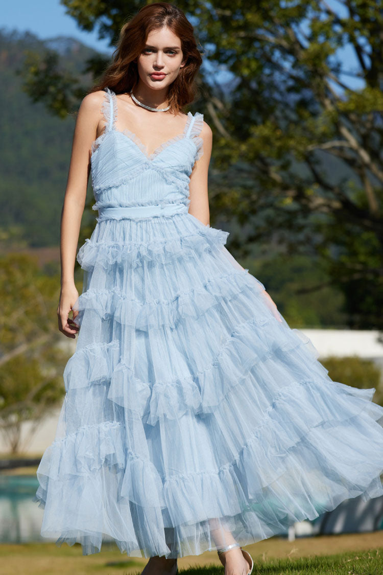 Ruffled V-Neck Sleeveless Tiered Tulle Maxi Dress