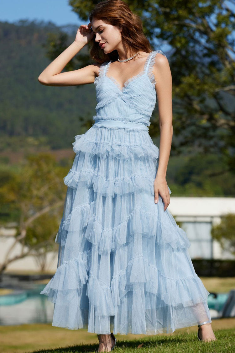 Ruffled V-Neck Sleeveless Tiered Tulle Maxi Dress