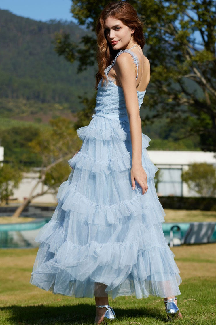 Ruffled V-Neck Sleeveless Tiered Tulle Maxi Dress