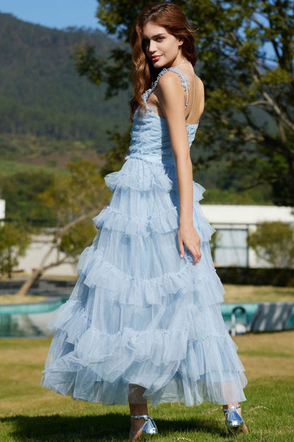 Ruffled V-Neck Sleeveless Tiered Tulle Maxi Dress