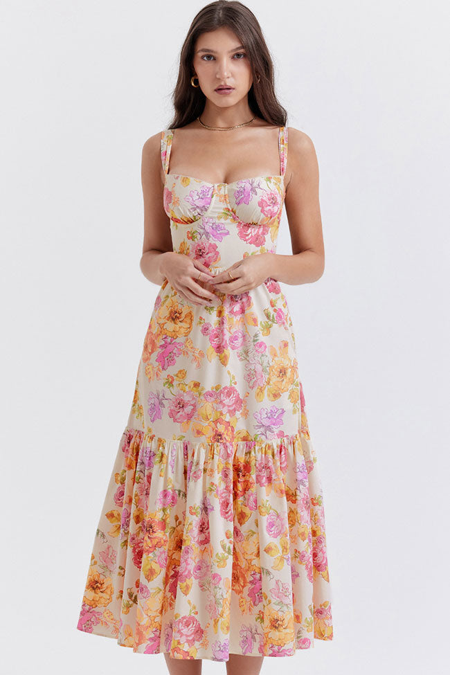 Sweetheart Underwire Bustier Floral Print Tiered Pocket Midi Dress