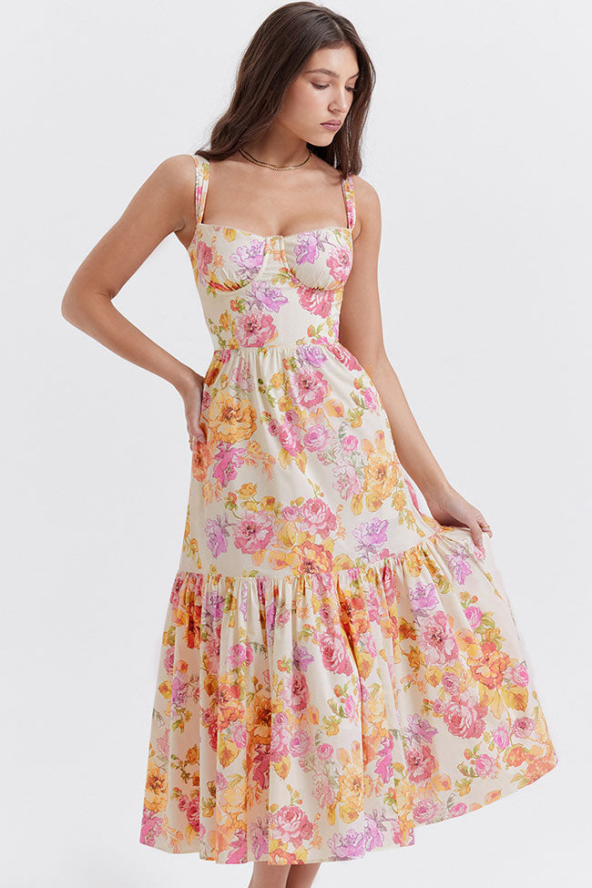 Sweetheart Underwire Bustier Floral Print Tiered Pocket Midi Dress