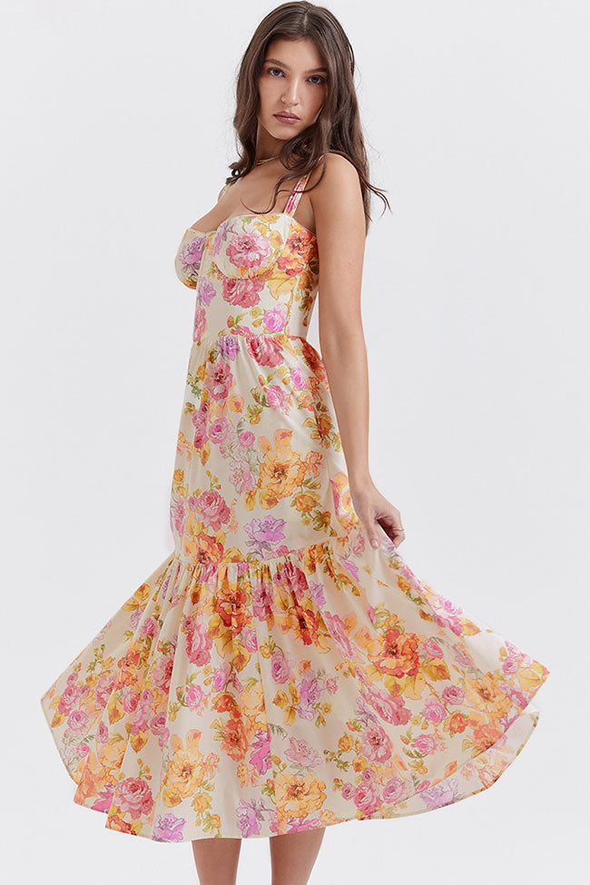 Sweetheart Underwire Bustier Floral Print Tiered Pocket Midi Dress