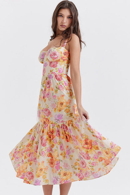 Sweetheart Underwire Bustier Floral Print Tiered Pocket Midi Dress