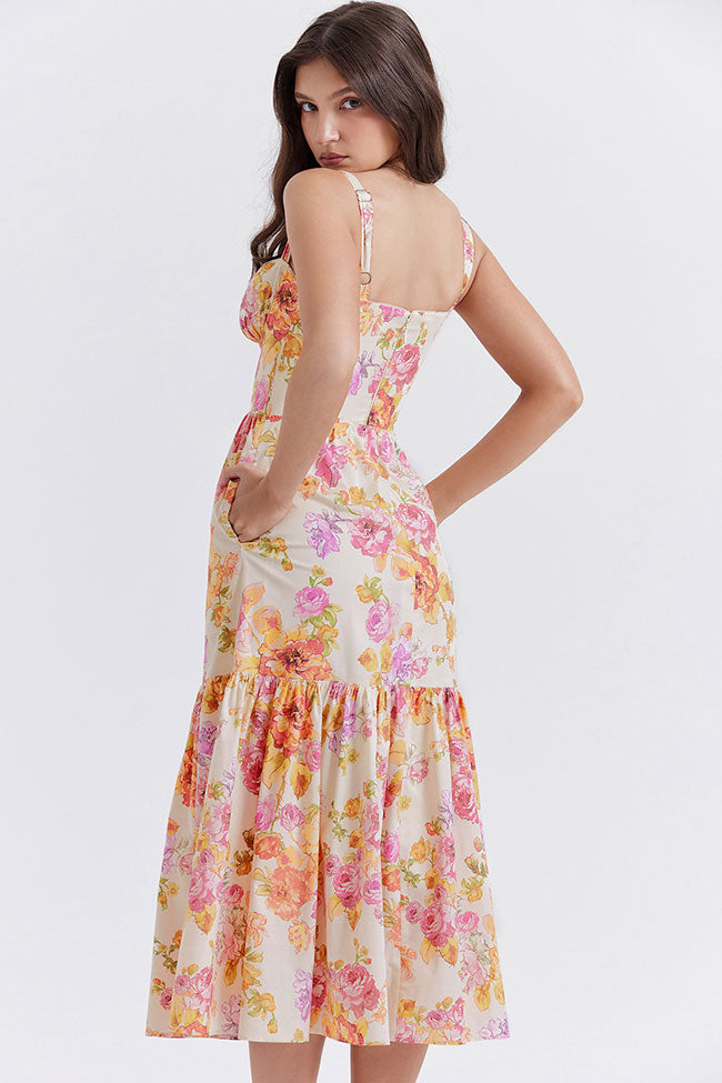 Sweetheart Underwire Bustier Floral Print Tiered Pocket Midi Dress