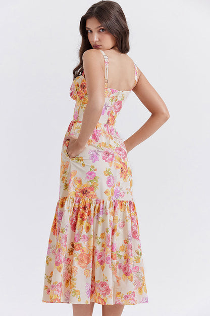 Sweetheart Underwire Bustier Floral Print Tiered Pocket Midi Dress