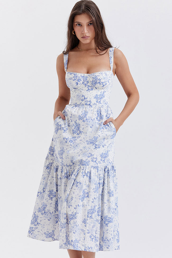 Sweetheart Underwire Bustier Floral Print Tiered Pocket Midi Dress