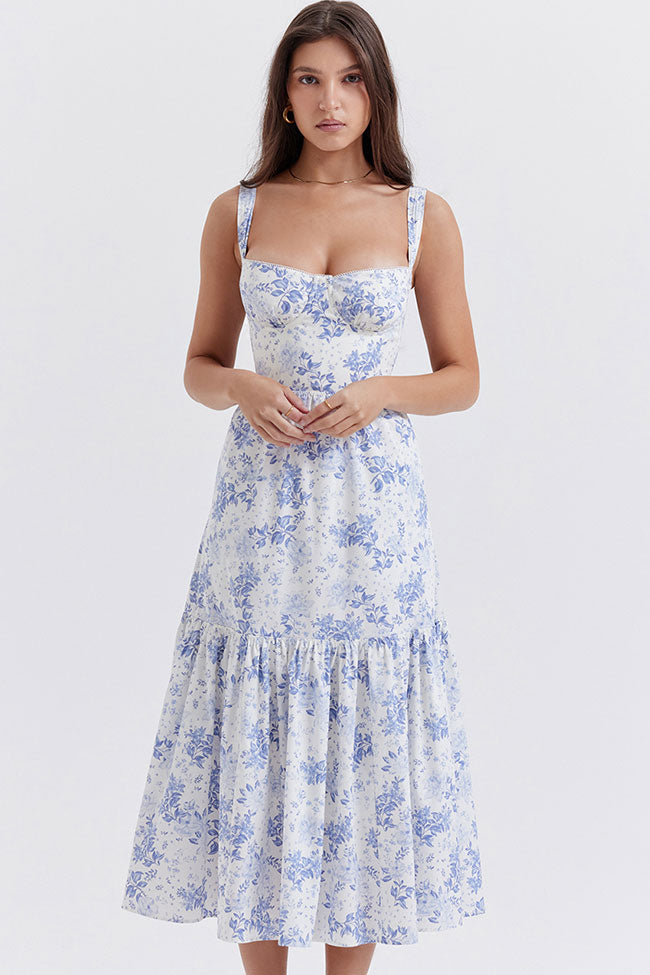 Sweetheart Underwire Bustier Floral Print Tiered Pocket Midi Dress