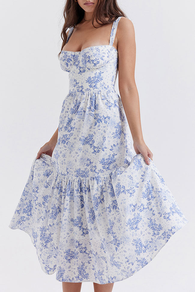 Sweetheart Underwire Bustier Floral Print Tiered Pocket Midi Dress